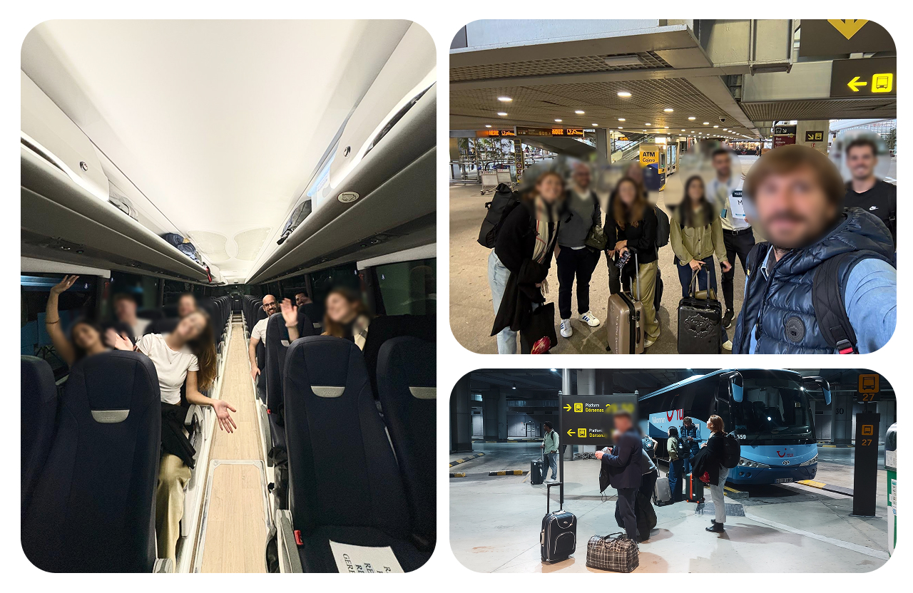 cruise research team three photos showing team at the airport and bus on their way to cruise
