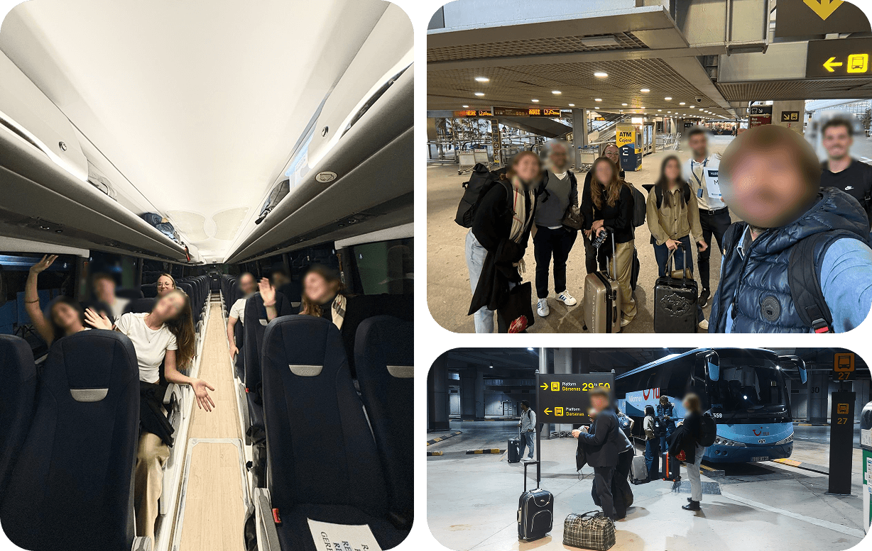 Three pictures showing the team on the bus and at the airport on their way to the cruise.