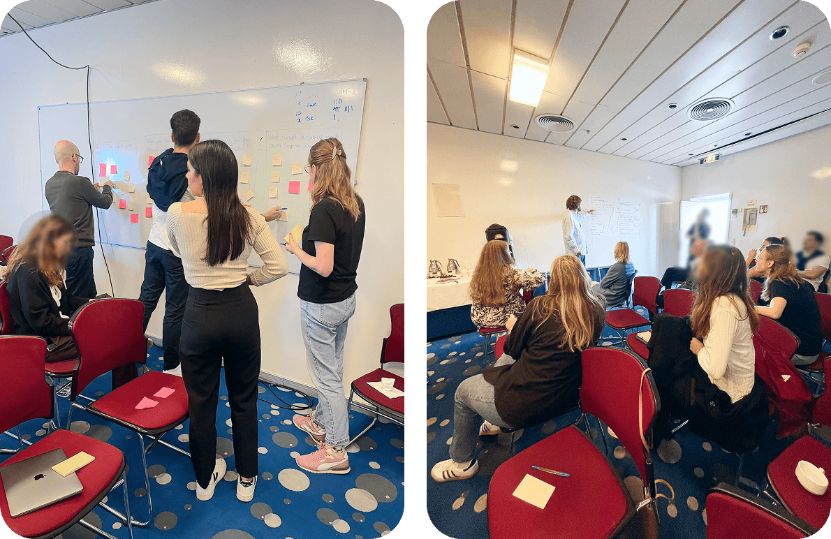 Two pictures showing the team during the workshop in the room at the ship.